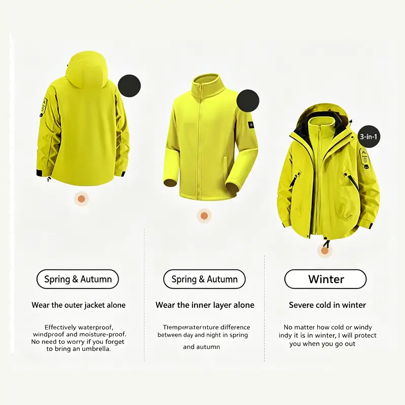 Unisex 3-in-1 Detachable Outdoor Jacket Waterproof Windproof Mountain Coat by dealonline.co.nz