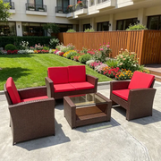 Rattan 2-Seat Sofa, 2 Chairs & Coffee Table 4PCS Set - Brown PE/PVC by dealonline.co.nz