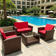 Rattan 2-Seat Sofa, 2 Chairs & Coffee Table 4PCS Set - Brown PE/PVC by dealonline.co.nz