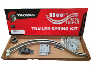 Taper Leaf Spring Kits - 600kg one Leaf with springs, hangers, bolts, and U-bolts in a packaging display.