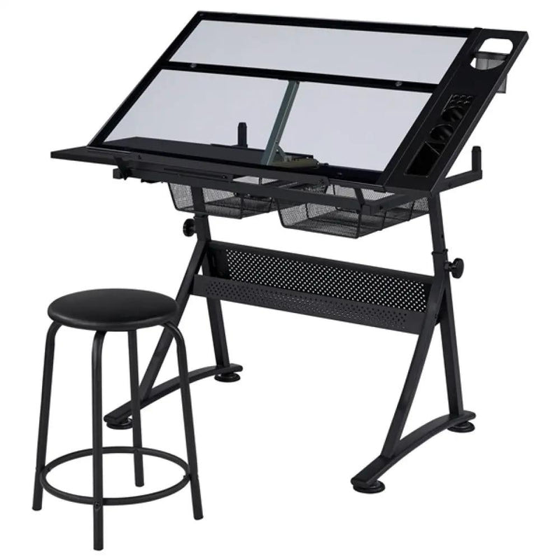 Height Adjustable Glass Drafting Table & Stool Set Art Table by Yaheetech