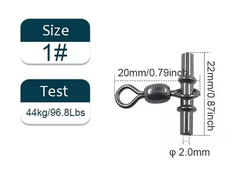 20mm 44KG Swivel Sleeves 3-way Fishing Swivels Crane 10 PK 2.0mm Line Size with size and test specifications.