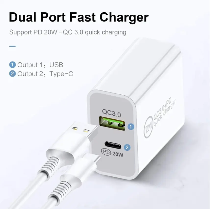 20W Fast Wall Charger – USB-C PD Charger with Type-C Cable by techplus