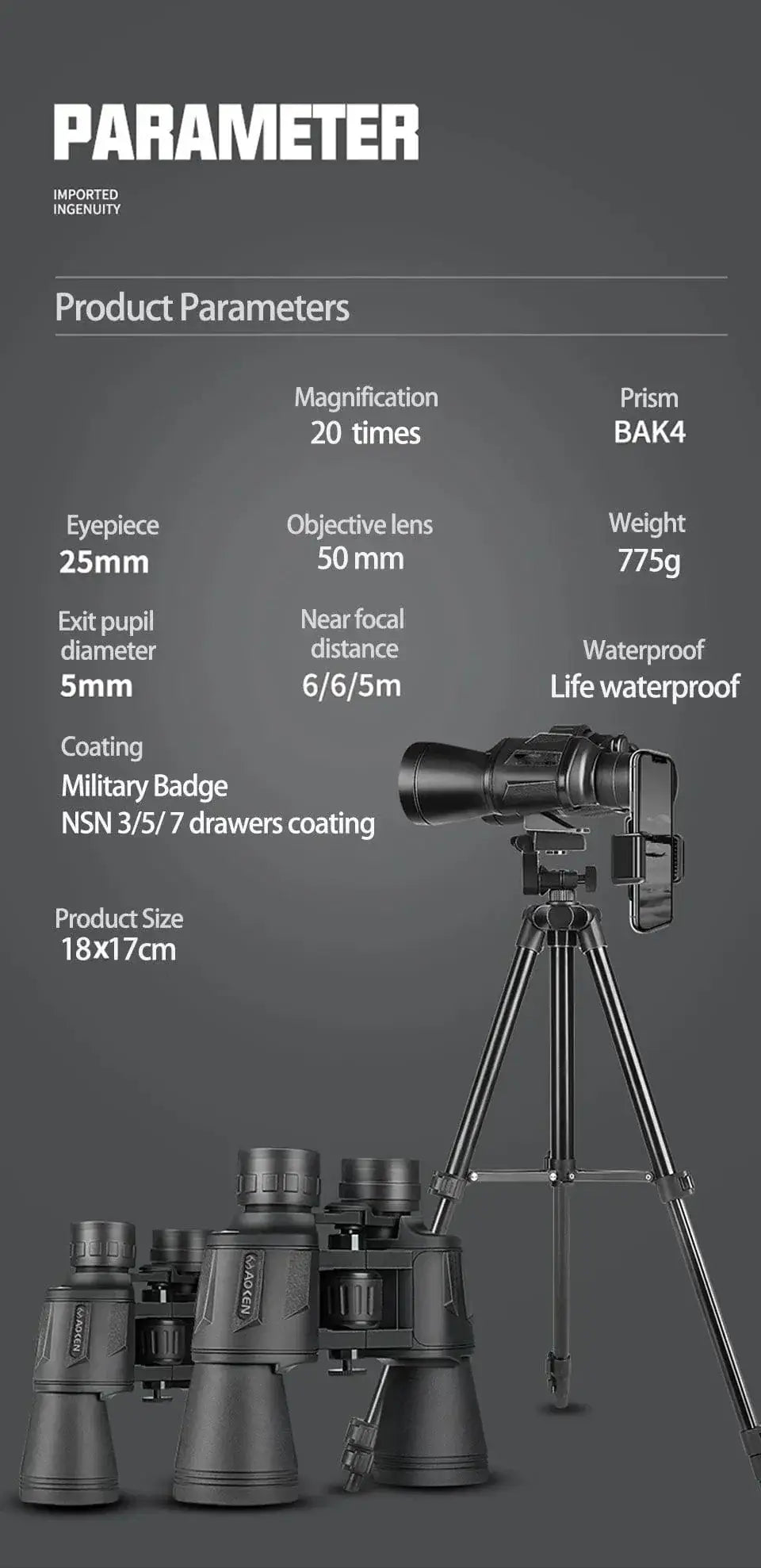 China China Binoculars Telescope 20x50 HD Multipurpose Outdoors Portable IPX4 Waterproof Sports Recreation Camping Hiking Telescope