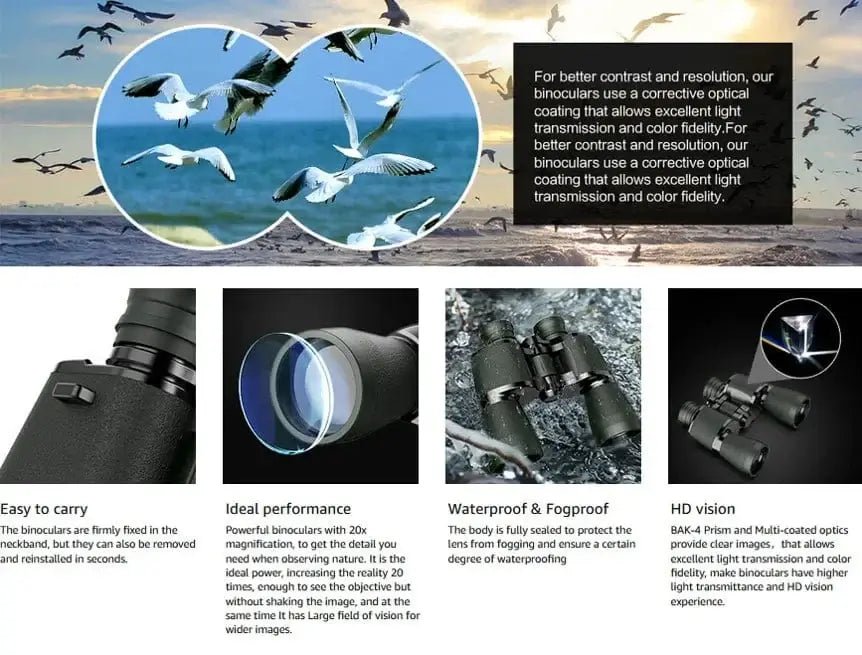 China China Big Eyepiece 28mm 20x50 Powerful Binoculars for Adults IP67 Waterproof Large View Binocular With Clear Low Light Vision for Hunting Travel Outdoor