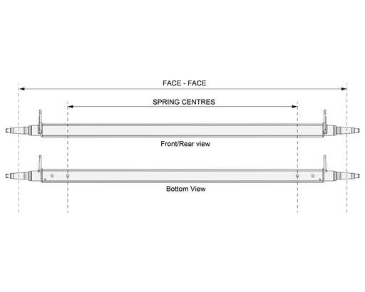 Straight Beam Axle - Multi-Hub - 2200kg - Galvanised detailed diagram with dimensions and views