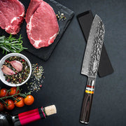Qulajoy 7 Inch Nakiri Chef Knife,Professional Japanese 67 Layers Damascus VG-10 Steel Core,Hammered Vegetable Cutting Knife,Ergonomic Pakkawood Handle With Sheath - Santoku Knife by China Dropship