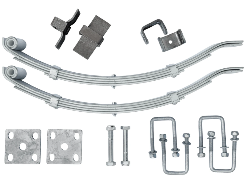Multi Leaf Spring Kit components including springs, hangers, bolts, and U-bolts displayed on a white background.