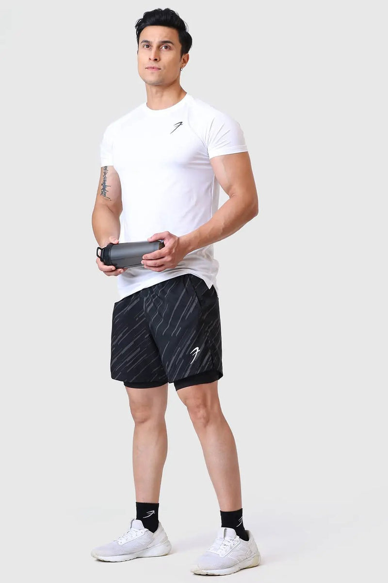 2 in 1 Printed Compression Shorts Black by Fuaark Nz