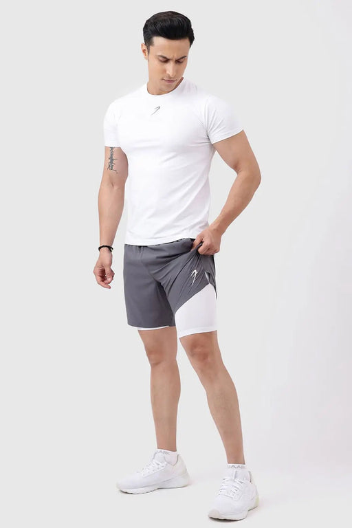2 in 1 Compression Shorts Grey with White by Fuaark Nz