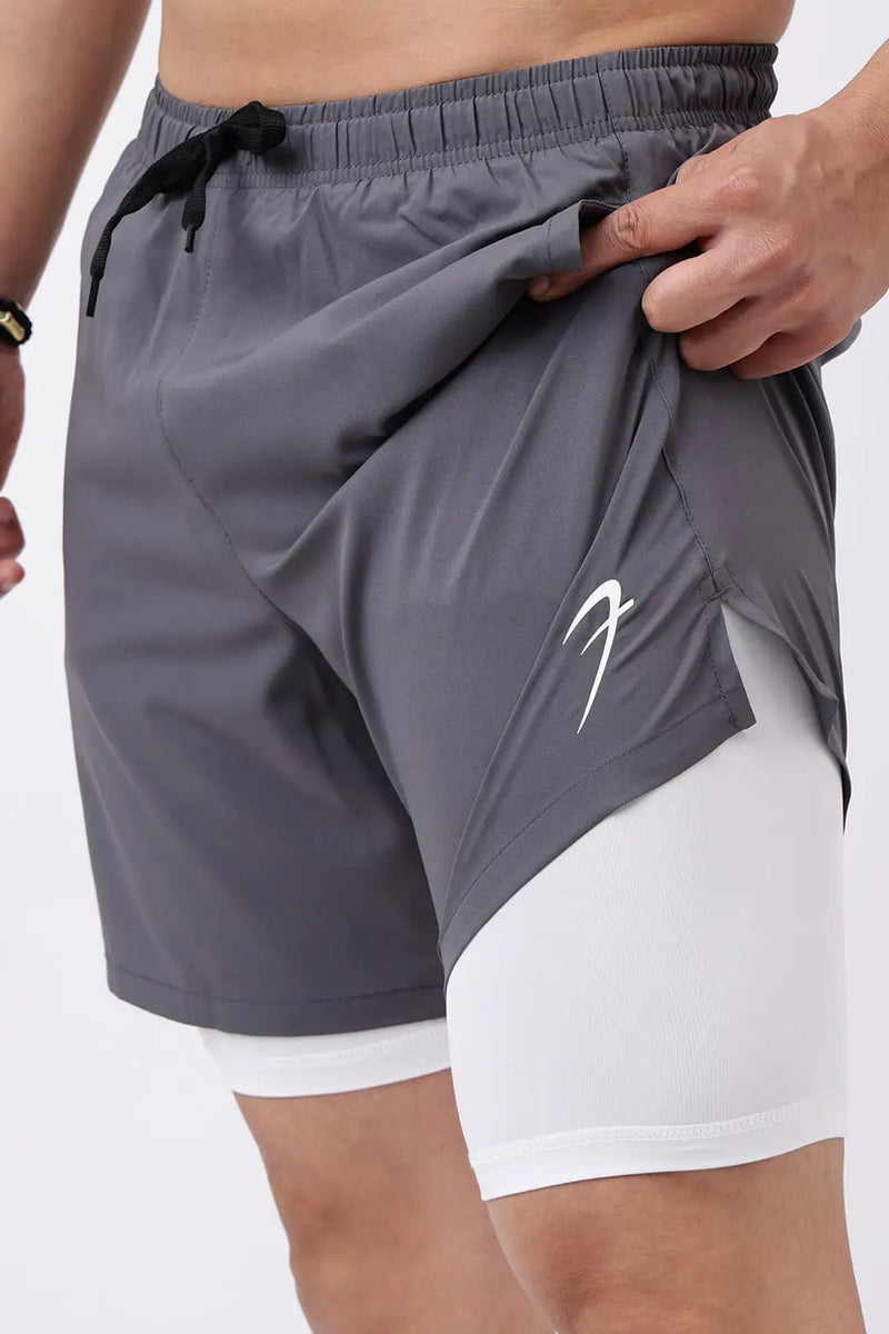 2 in 1 Compression Shorts Grey with White by Fuaark Nz