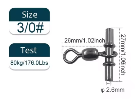 27mm 80kg Swivel Sleeves 3-way Fishing Swivels Crane 10PK 2.6mm Line Size dimensions and specifications image.