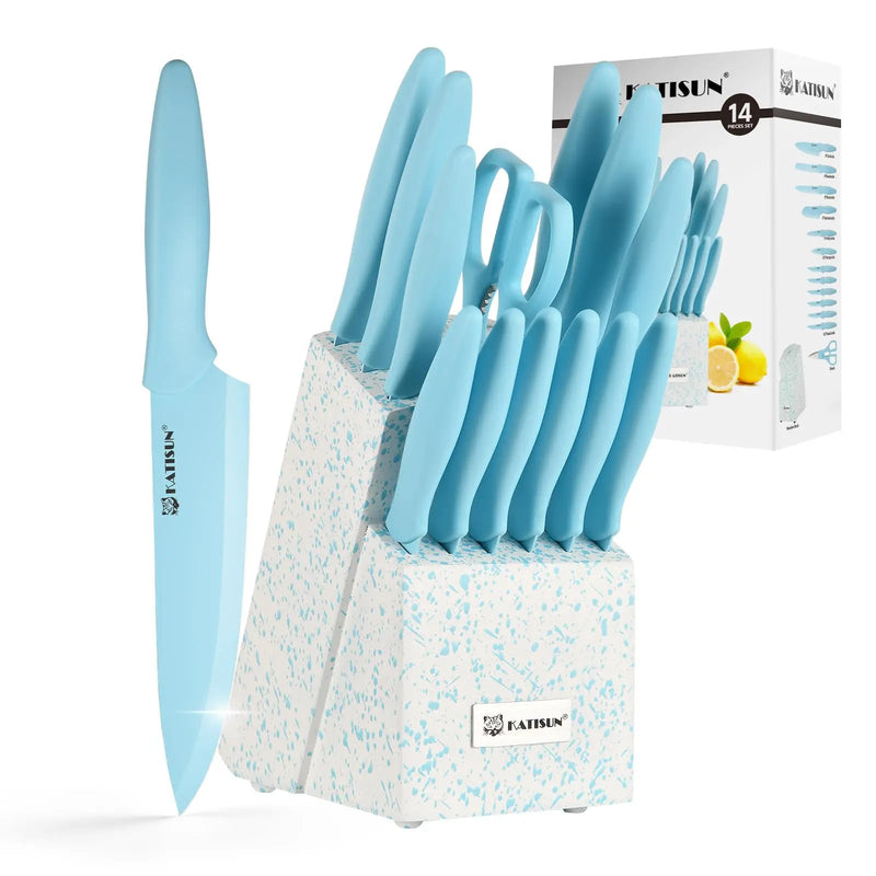 Kitchen Knife Set With Block, 14 Piece BLUE Non-Stick Paint Coating Stainless Steel Knives Set, Anti-Rust And Dishwasher Safe, 12 Knives With Kitchen Shears And Block - Blue by China Dropship
