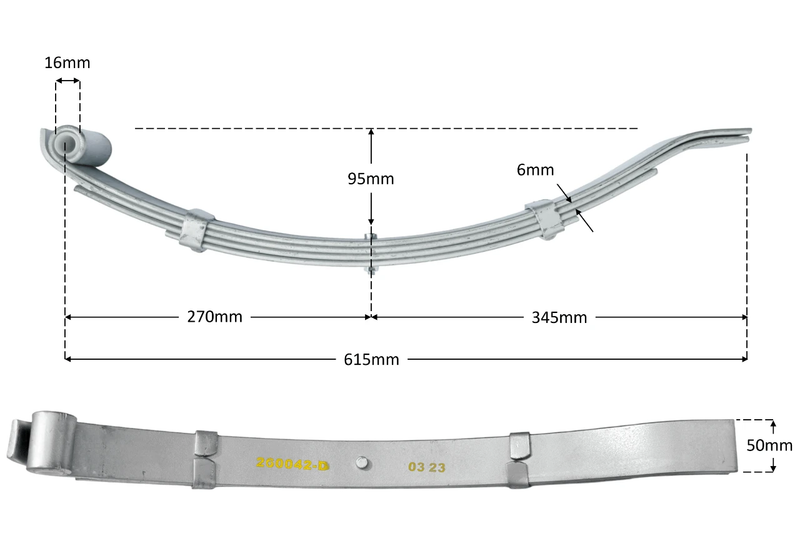Multi Leaf Spring Kit - Short Series - 50mm wide - 1000kg with dimensions for springs and hangers.