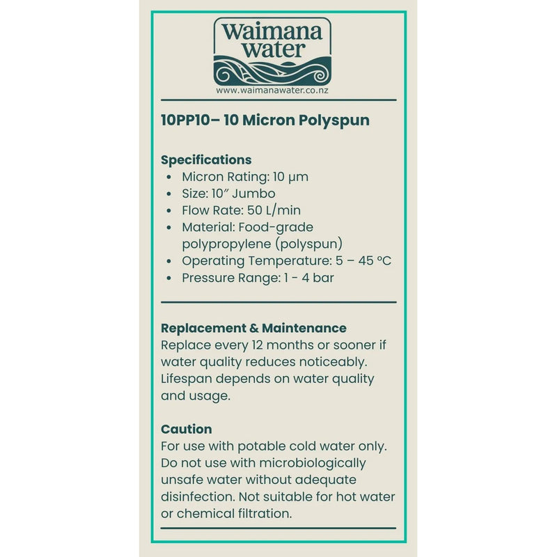 Waimana 10 Inch Jumbo Polyspun Sediment Filter - 1, 5 & 10 Micron Options NZ by Filtration Station NZ