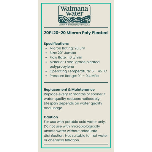 Waimana 20 Inch Jumbo Pleated Sediment Filter - 20 Micron, Cleanable & Reusable NZ by Filtration Station NZ