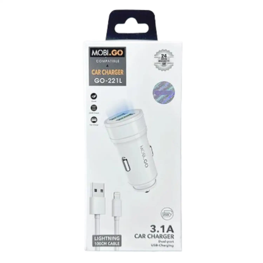 Mobigo Dual USB Car Charger With Lightning Cable GO221L by 9eight5