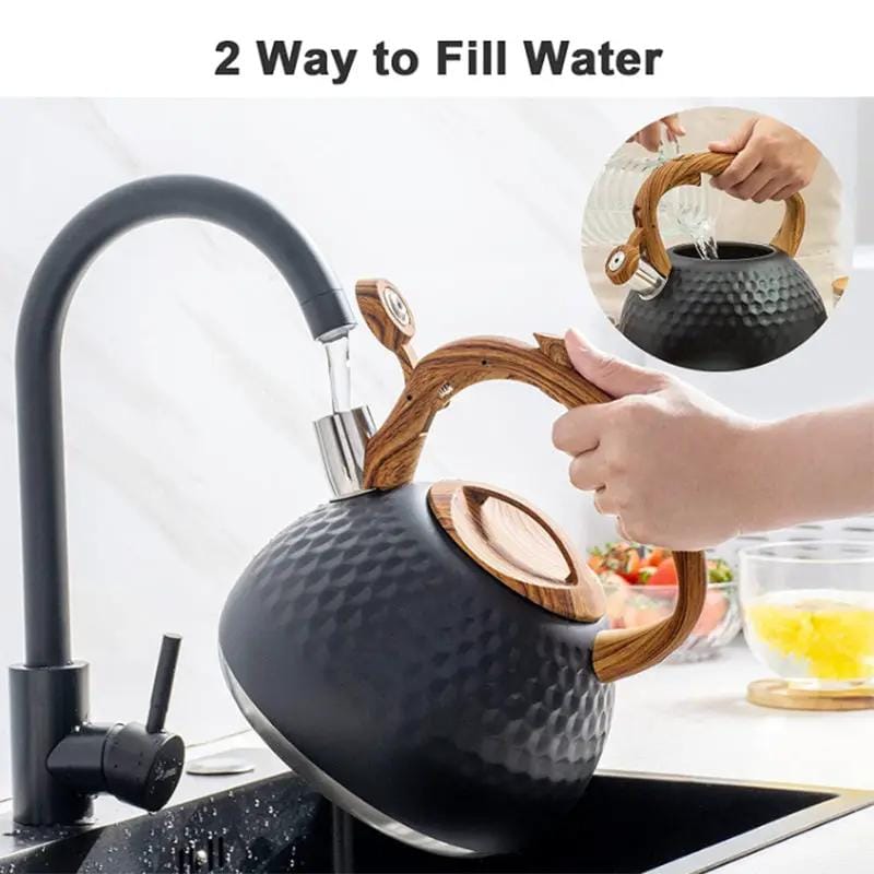 g8buynz g8buynz 3L Whistling Stainless Steel Diamond Pattern Tea Kettle with Wood Grain Handle Black 3L Whistling Stainless Steel Diamond Pattern Tea Kettle with Wood Grain Handle Black
