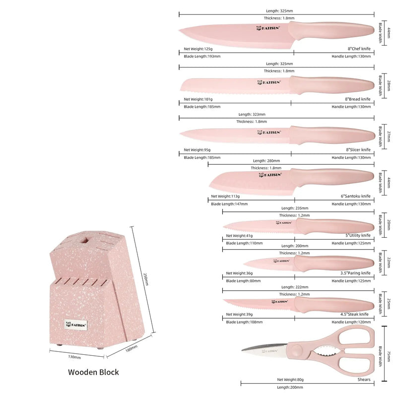 Kitchen Knife Set With Block, 14 Piece Pink Non-Stick Paint Coating Stainless Steel Knives Set, Anti-Rust And Dishwasher Safe, 12 Knives With Kitchen Shears And Block Pink - Pink by China Dropship