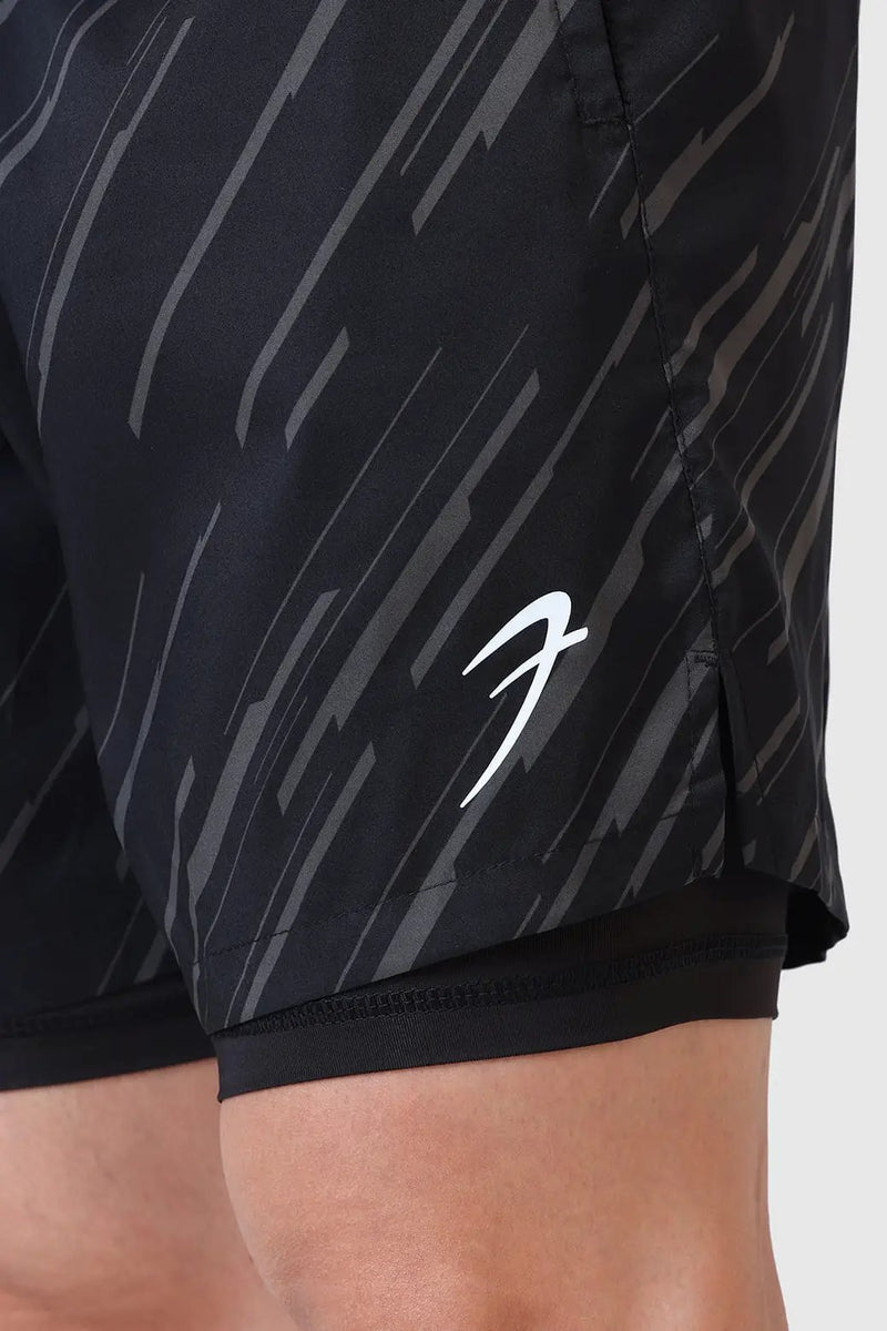 2 in 1 Printed Compression Shorts Black by Fuaark Nz
