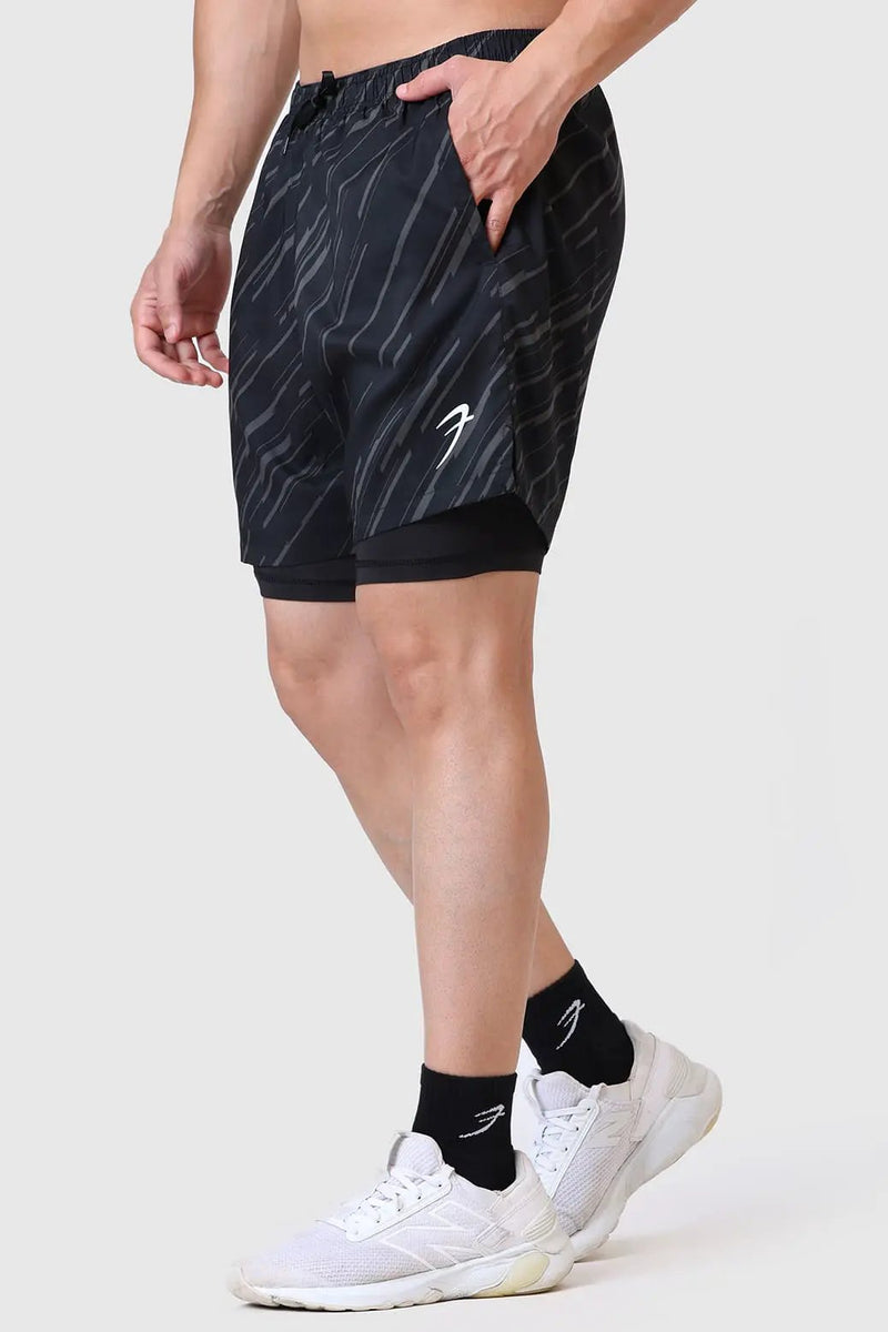 2 in 1 Printed Compression Shorts Black by Fuaark Nz