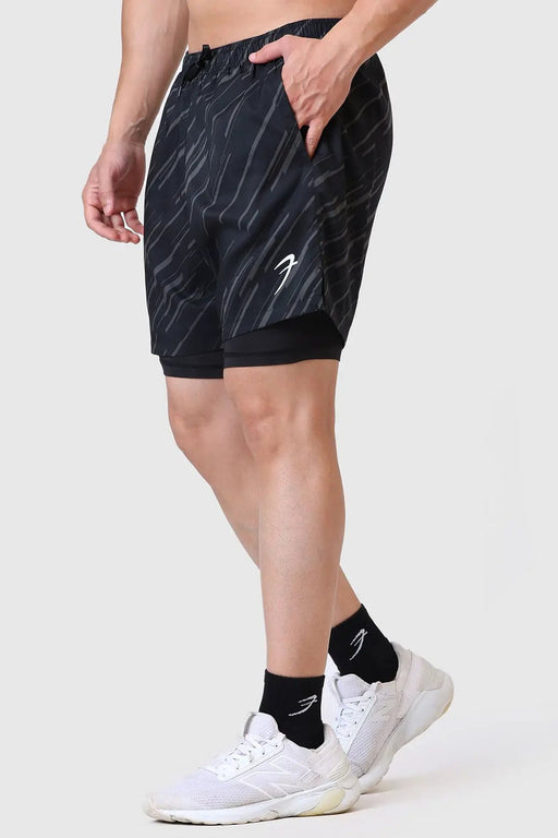 2 in 1 Printed Compression Shorts Black by Fuaark Nz
