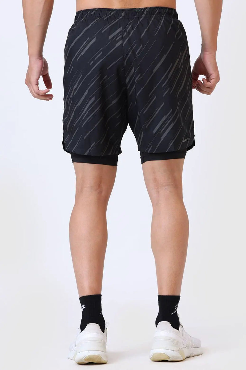 2 in 1 Printed Compression Shorts Black by Fuaark Nz
