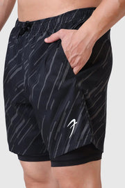 2 in 1 Printed Compression Shorts Black by Fuaark Nz