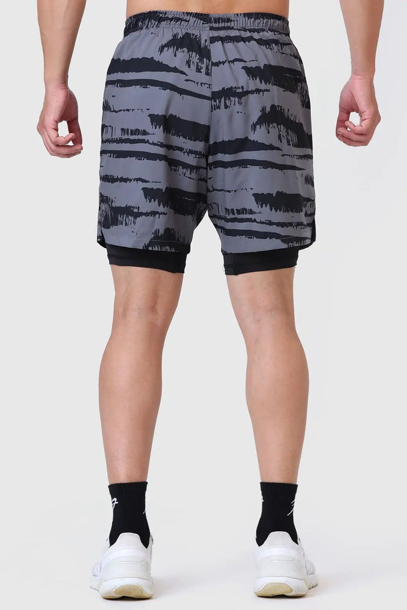 2 in 1 Printed Compression Shorts Gold Grey by Fuaark Nz