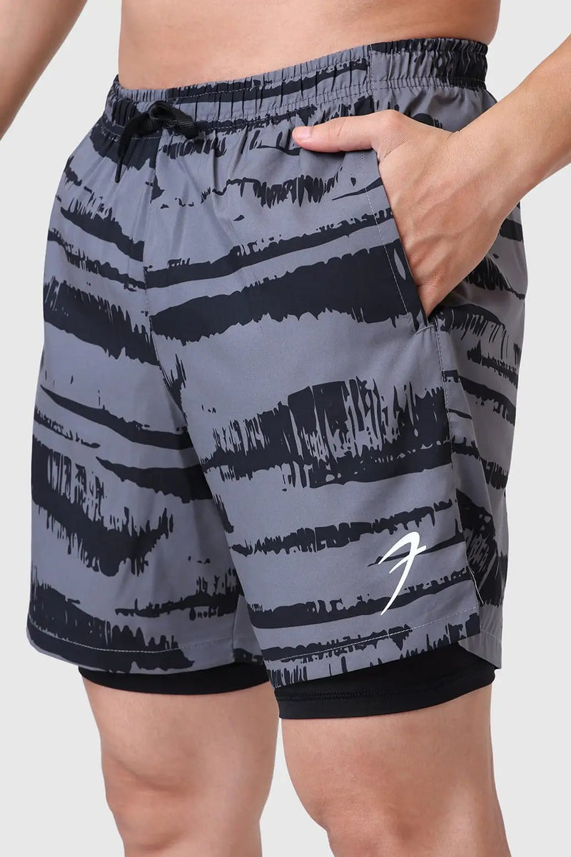 2 in 1 Printed Compression Shorts Gold Grey by Fuaark Nz