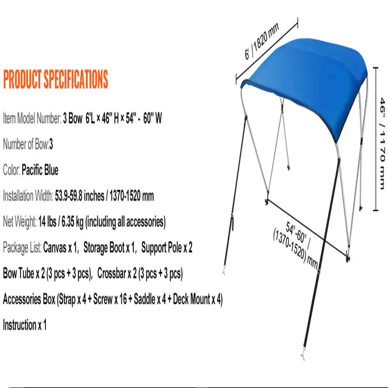 3-Bow Bimini Top Boat Canopy – 900D Polyester (different sizes available) by Habicare