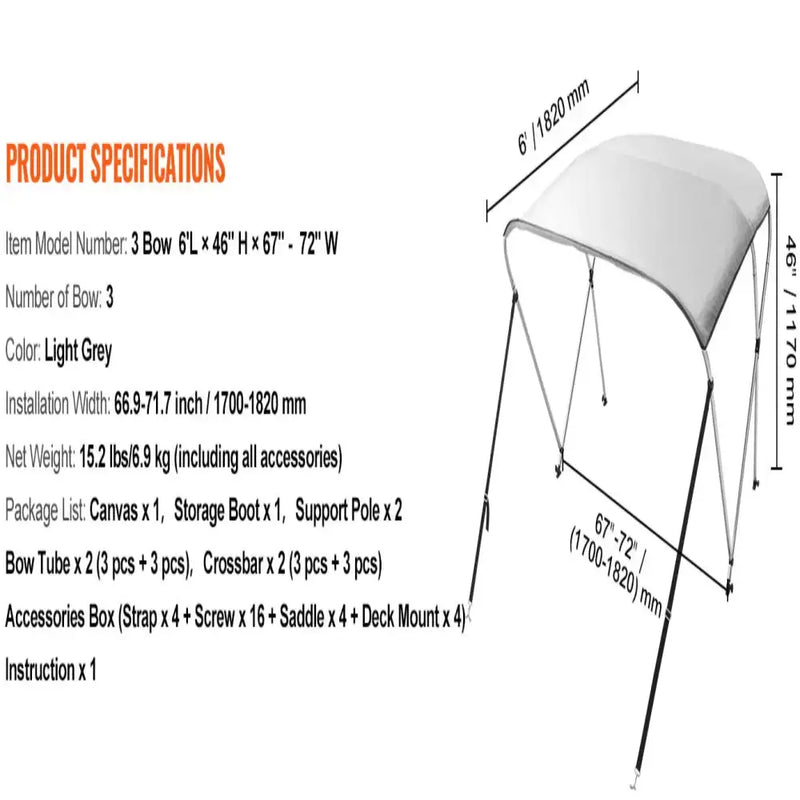 3-Bow Bimini Top Boat Canopy – 900D Polyester (different sizes available) by Habicare