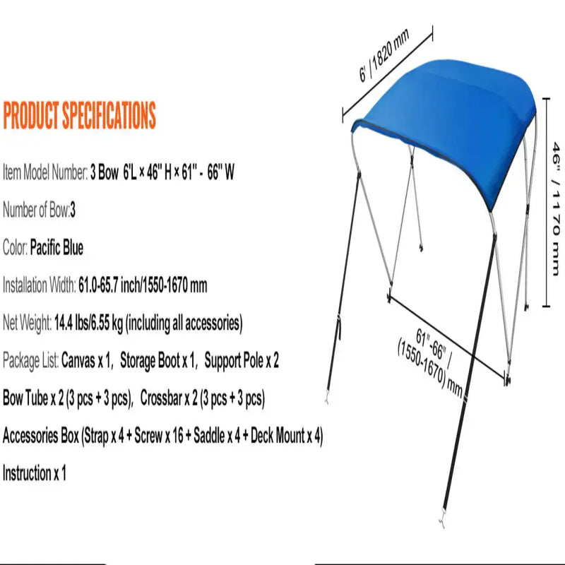 3-Bow Bimini Top Boat Canopy – 900D Polyester (different sizes available) by Habicare