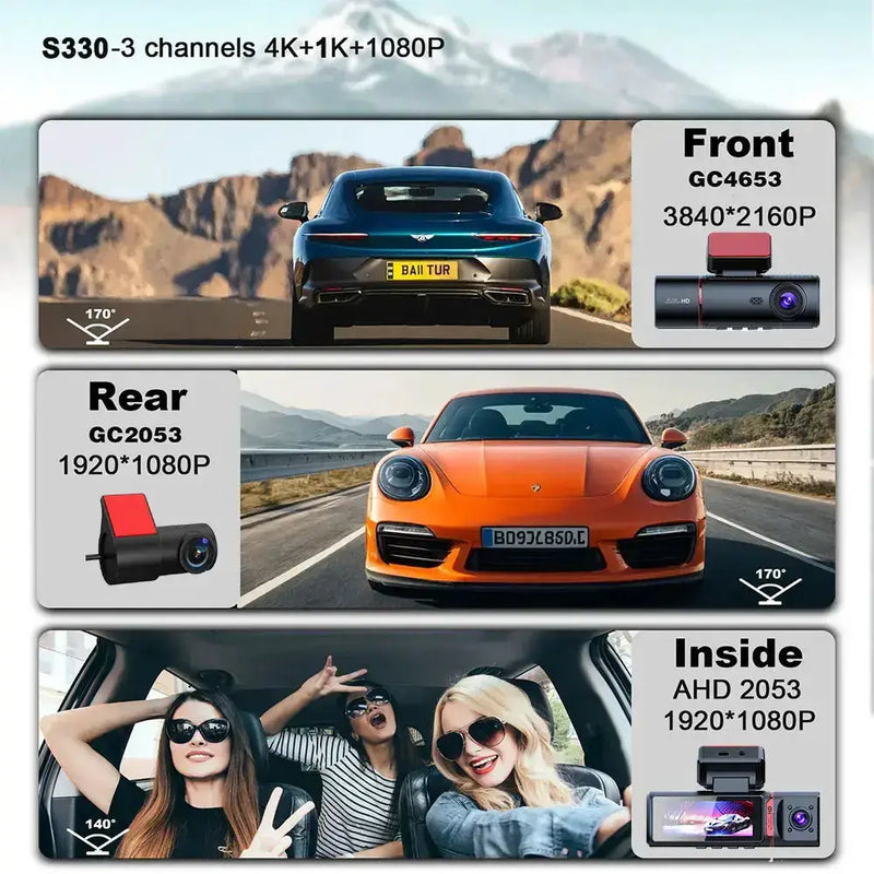 3-Lens Car Camera – Front/Inside/Rear 4K DVR (different models available) by Habicare