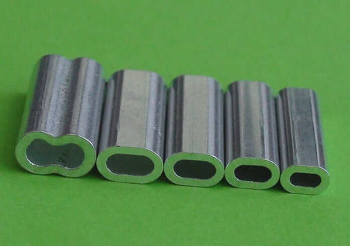 Aluminium Sleeve Crimp 3.3mm x 50 pcs displayed on a green background showcasing various sizes.