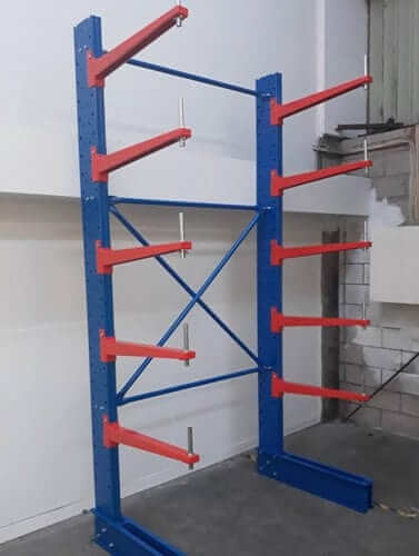 3000mm Doublesided Racking/Shelving  - 5 Arm Starter Bay with red and blue arms for light-duty storage.