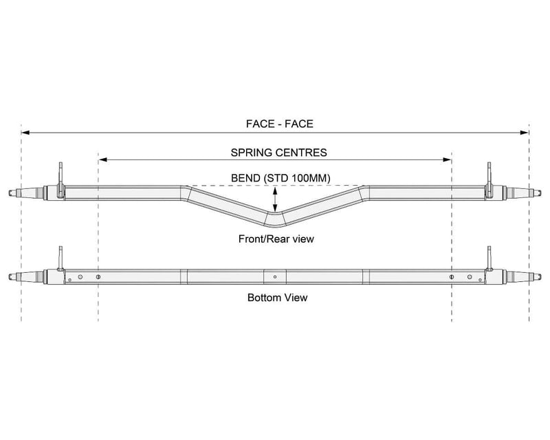 Technical drawing of a Gull Wing Axle - Disc Braked - 2000kg - Bare Metal showing front and bottom views.