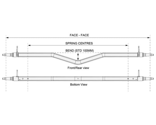 Technical drawing of a Gull Wing Axle - Disc Braked - 2000kg - Bare Metal showing front and bottom views.