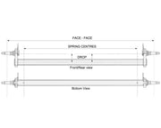 Drop Beam Axle diagram showing dimensions, front/rear view, and bottom view for Multi-Hub 3000KG axle.