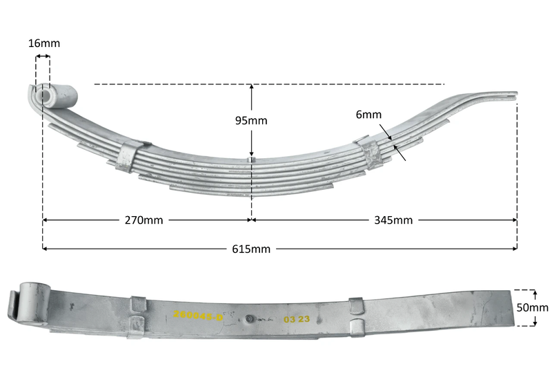 Multi Leaf Spring Kit - Short Series - 50mm wide - 1750kg, showcasing detailed specifications and measurements.