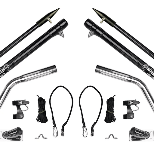 Hook Em Complete Outrigger Set - Includes 2 x 3.0m (10ft) 2 Piece Black Fibreglass Poles (Approx 36mm OD) with Aluminium