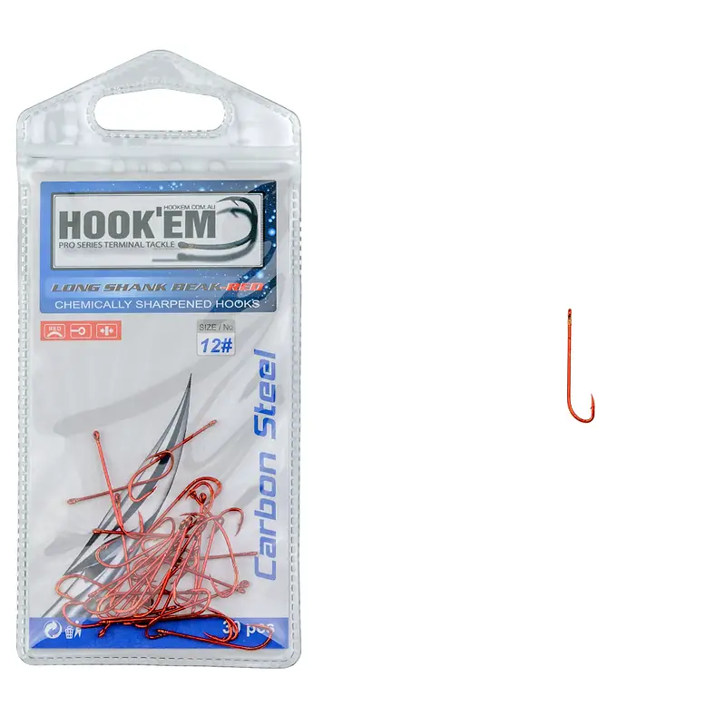 LSHRED12#30 - Long Shank Hook Red - Size 12# - Qty 30 - Prepack - Hookem