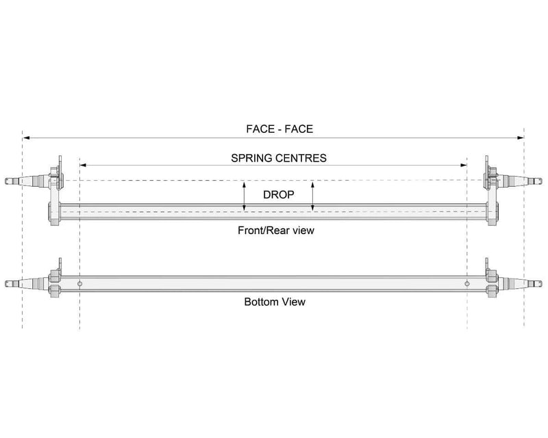Diagram showing the Drop Beam Axle with dimensions for spring centres and drop, front and bottom views.