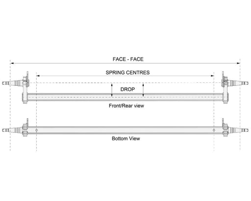 Diagram showing the Drop Beam Axle with dimensions for spring centres and drop, front and bottom views.