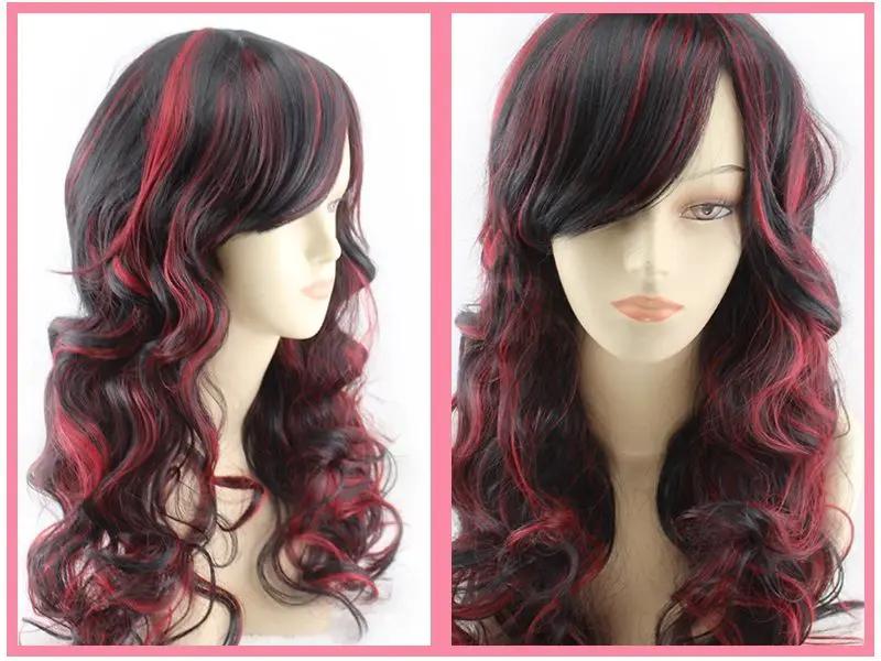Women Long Wig Black with Red Synthetic Hair Full Wigs High Quality by dealonline.co.nz