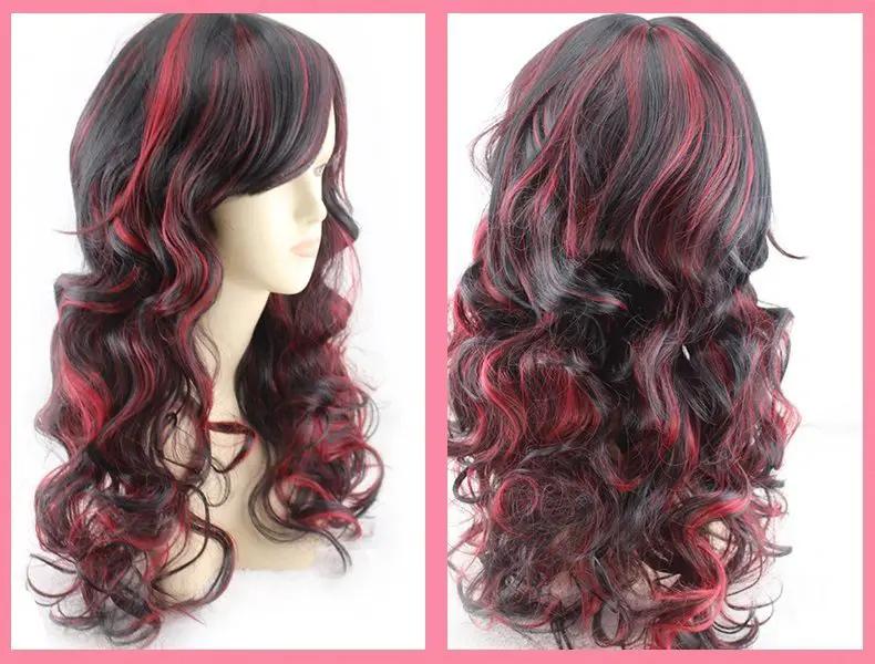 Women Long Wig Black with Red Synthetic Hair Full Wigs High Quality by dealonline.co.nz