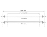 Straight Beam Axle diagram showing front and rear view along with bottom view and mount centres measurements.