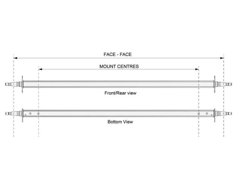 Straight Beam Axle diagram showing front and rear view along with bottom view and mount centres measurements.