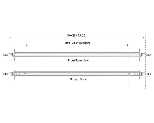 Straight Beam Axle diagram showing front and rear view along with bottom view and mount centres measurements.
