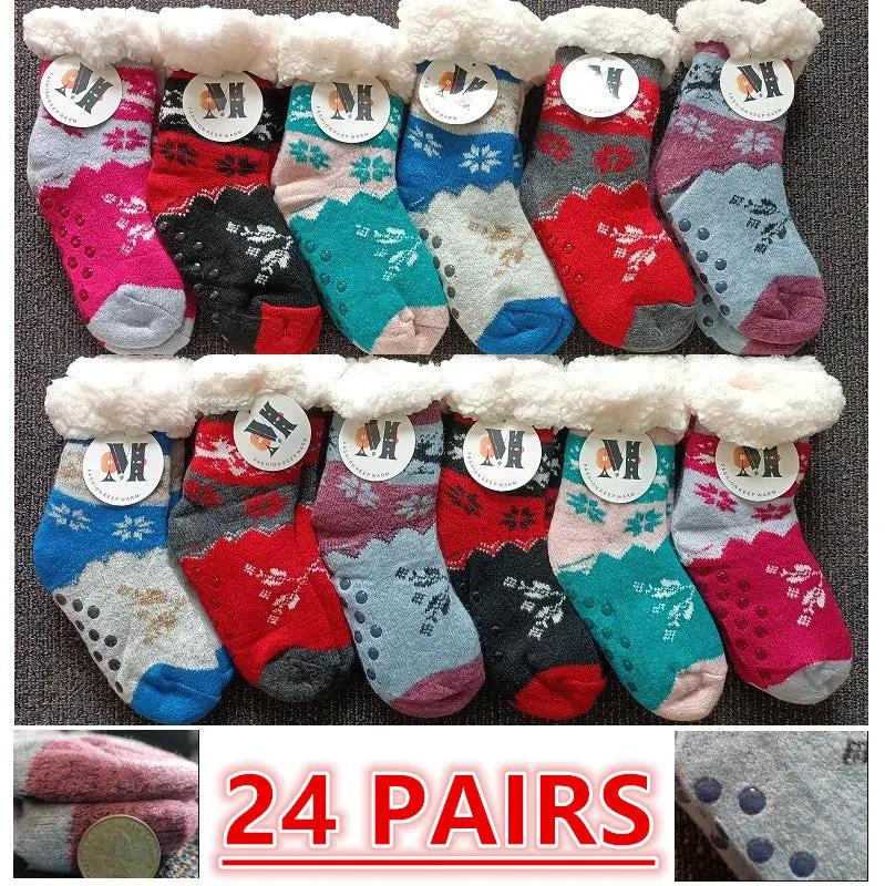 24 Pairs Kids Slipper Fuzzy Socks Winter Super Warm Soft Socks with Grippers by dealonline.co.nz